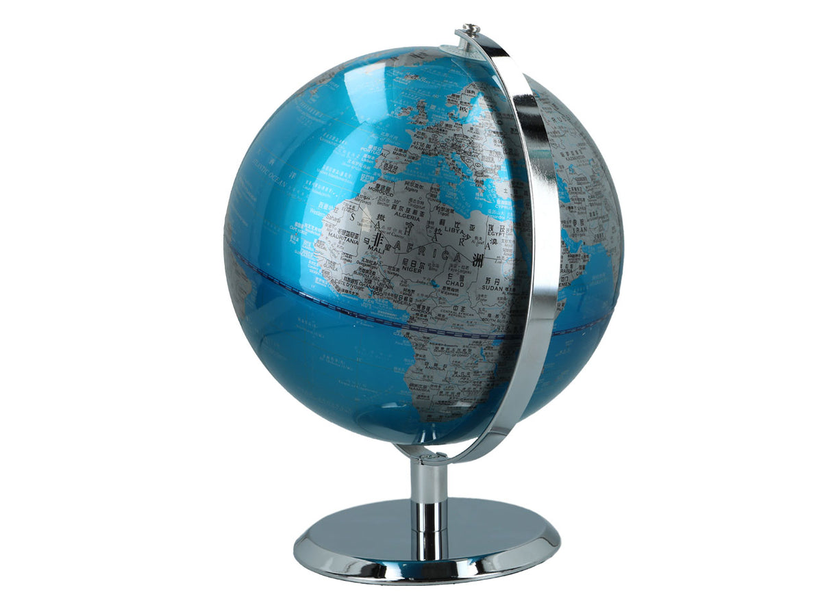 Globo decorativo grande em azul e prateado, com possibilidade de personalização por gravação, 23 cm de altura