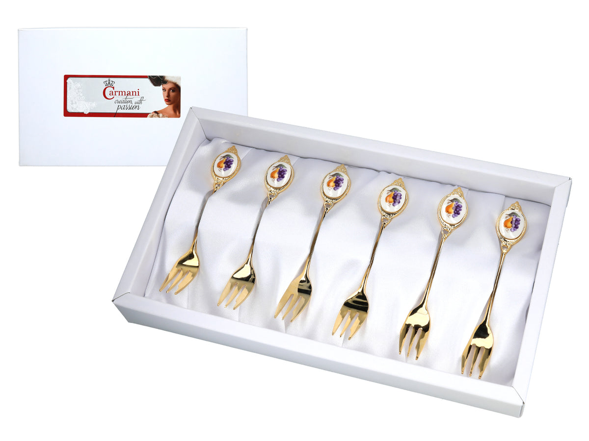 Conjunto de 6 garfinhos revestidos a ouro de 24K, com motivo de frutos