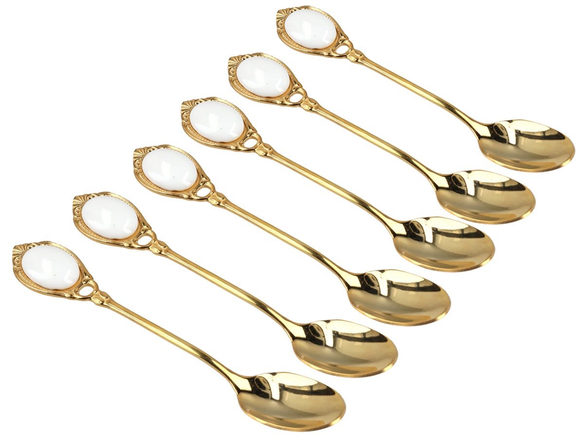 Conjunto de 6 colheres de chá revestidas a ouro de 24K, Olhinhos Brancos CARMANI, personalizável com gravação - um presente elegante para qualquer ocasião, dimensões: 13 cm