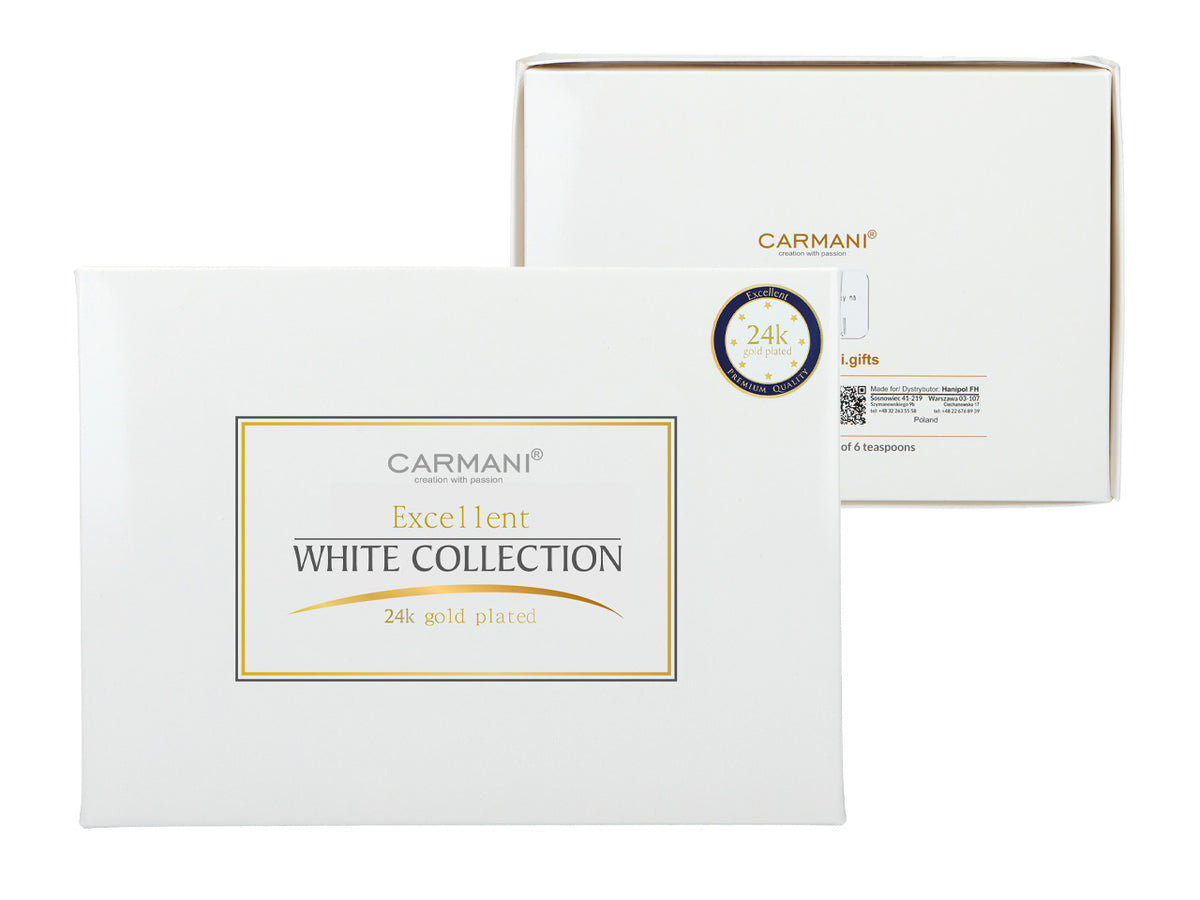 Conjunto de 6 colheres de chá revestidas a ouro de 24K, Olhinhos Brancos CARMANI, personalizável com gravação - um presente elegante para qualquer ocasião, dimensões: 13 cm