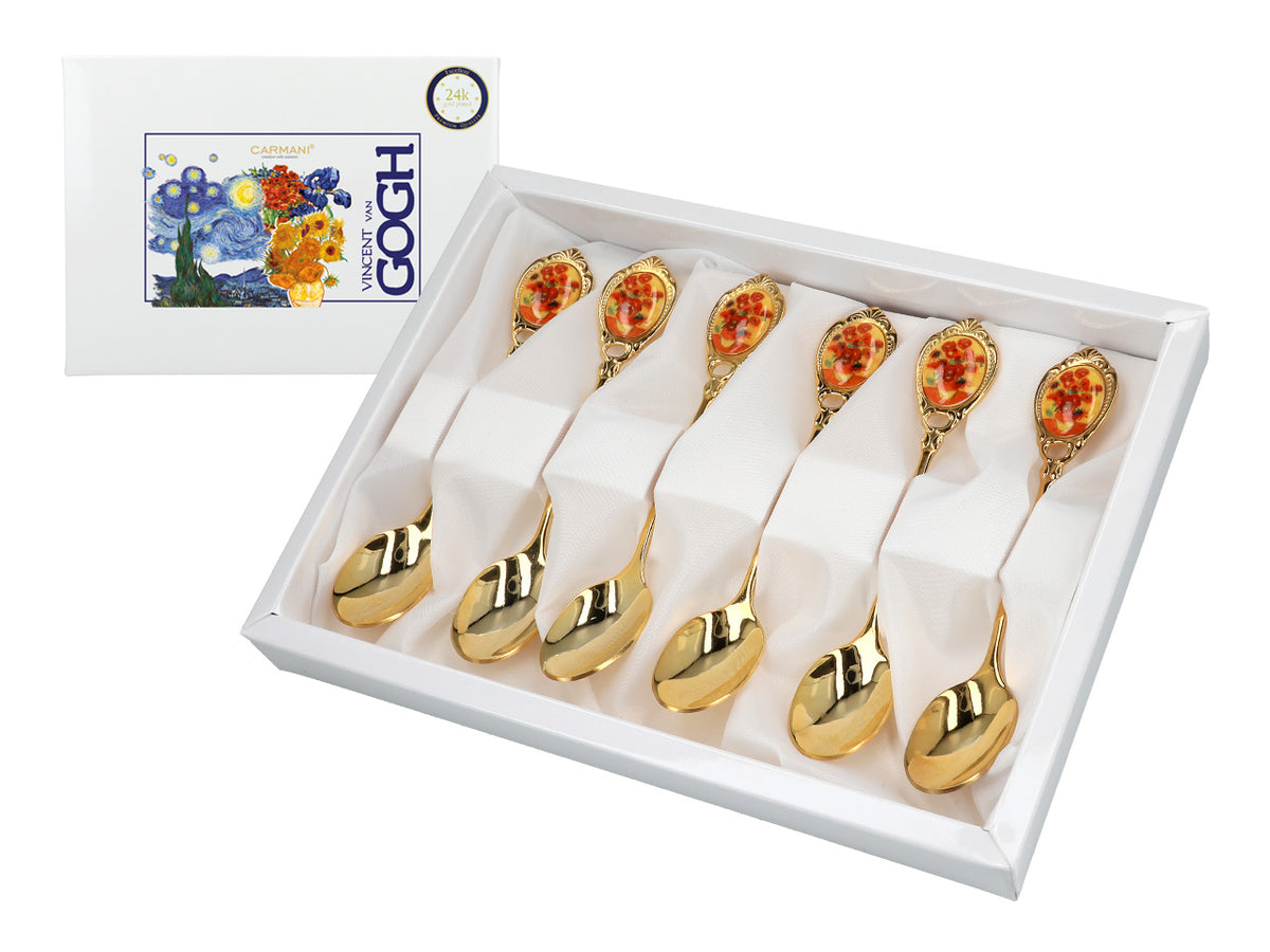 Conjunto de 6 colheres douradas com motivo dos Girassóis de Vincent van Gogh