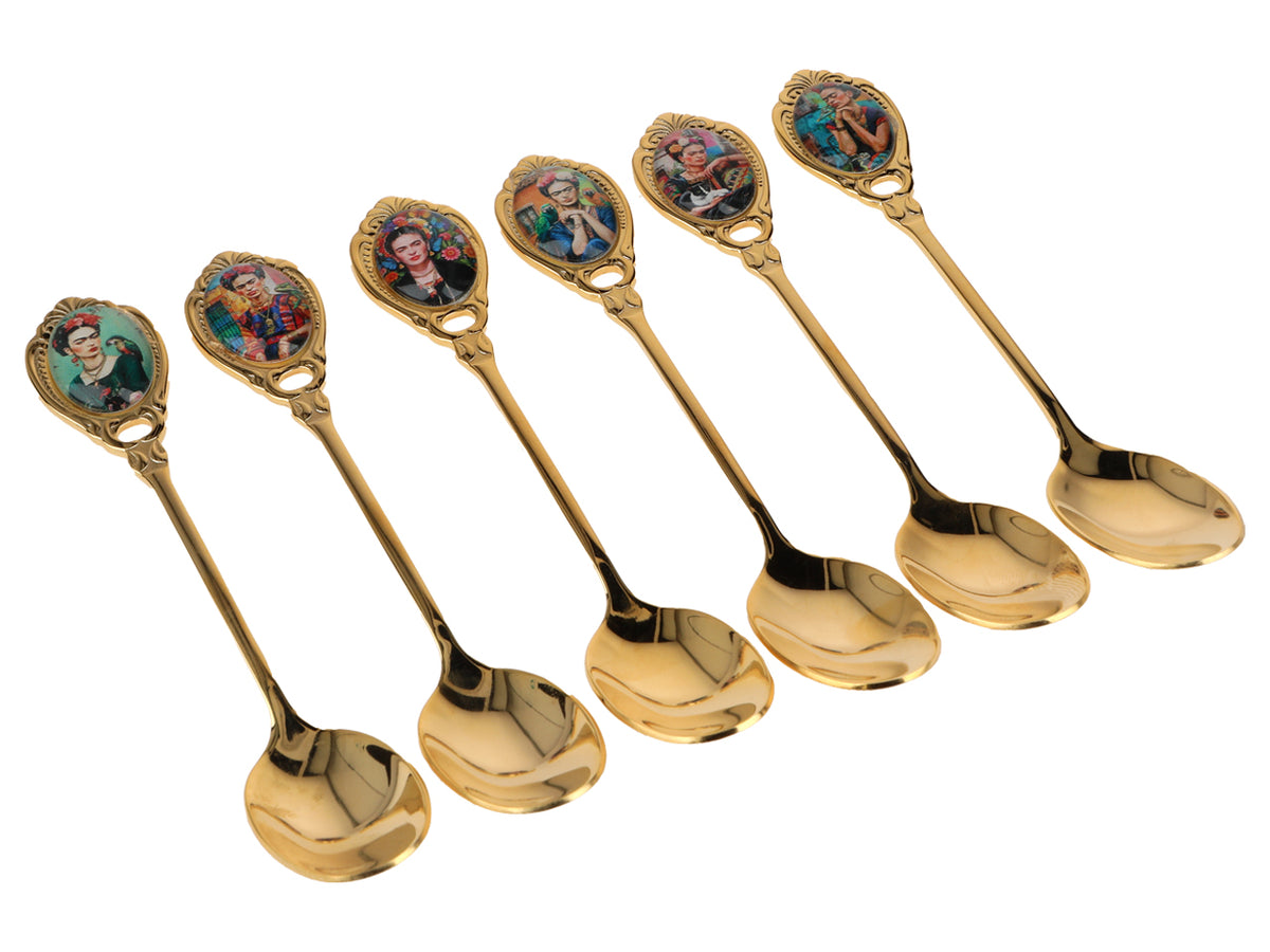 Conjunto de 6 colheres revestidas a ouro de 24K F. Kahlo, com possibilidade de personalização por gravação - talheres elegantes para oferecer, 13 cm, CARMANI