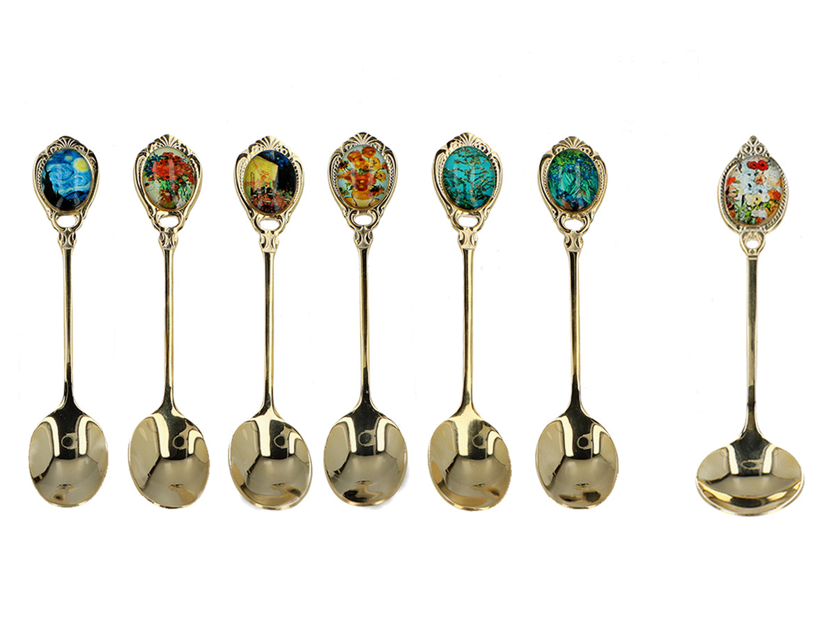 Conjunto de 6 colheres revestidas a ouro de 24K com 1 colher para açúcar - V. van Gogh, sortido, possibilidade de personalização por gravação, embalagem elegante para presente, dimensões 13 cm