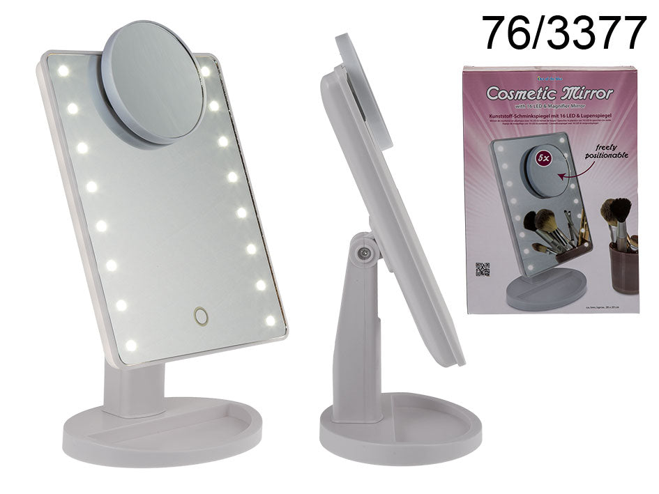 Espelho cosmético LED iluminado com ampliação de 5x, possibilidade de personalização com gravação