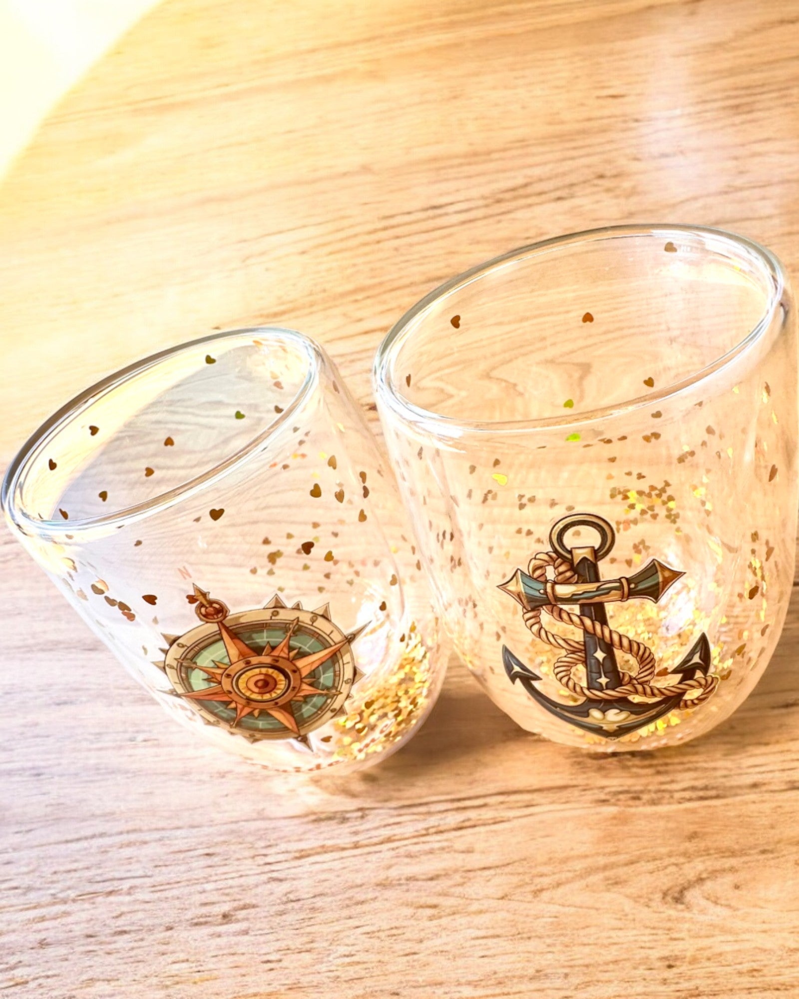 Copos "Nautical Dreams" com paredes duplas e flocos dourados - conjunto de 2 peças, capacidade de 300 ml, possibilidade de personalização com gravação