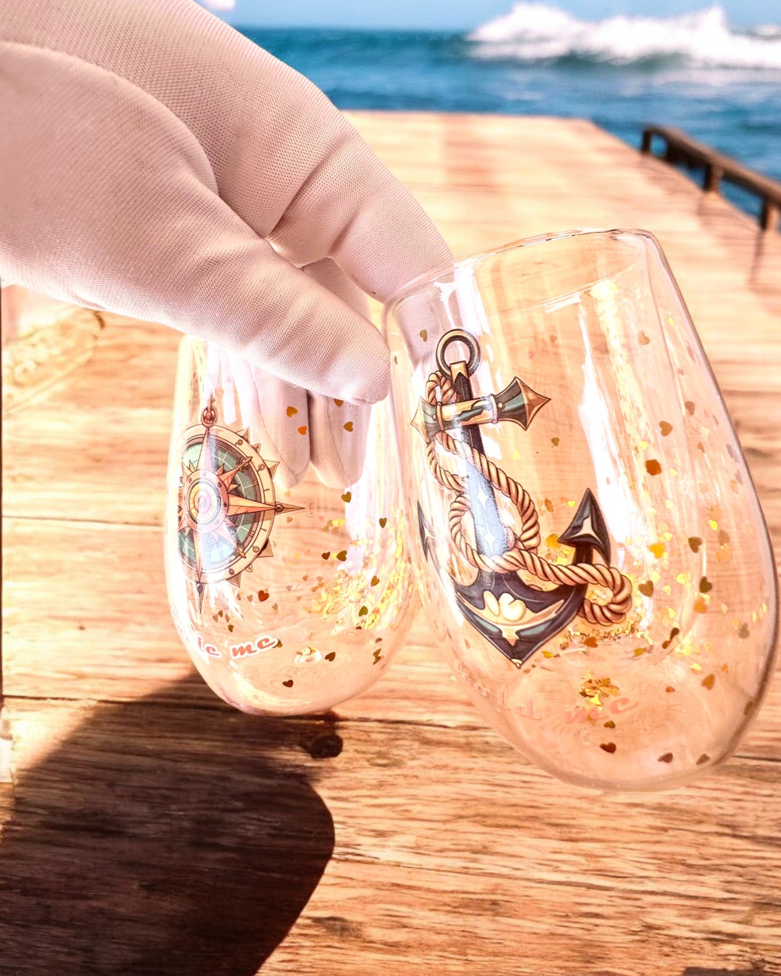 Copos "Nautical Dreams" com paredes duplas e flocos dourados - conjunto de 2 peças, capacidade de 300 ml, possibilidade de personalização com gravação
