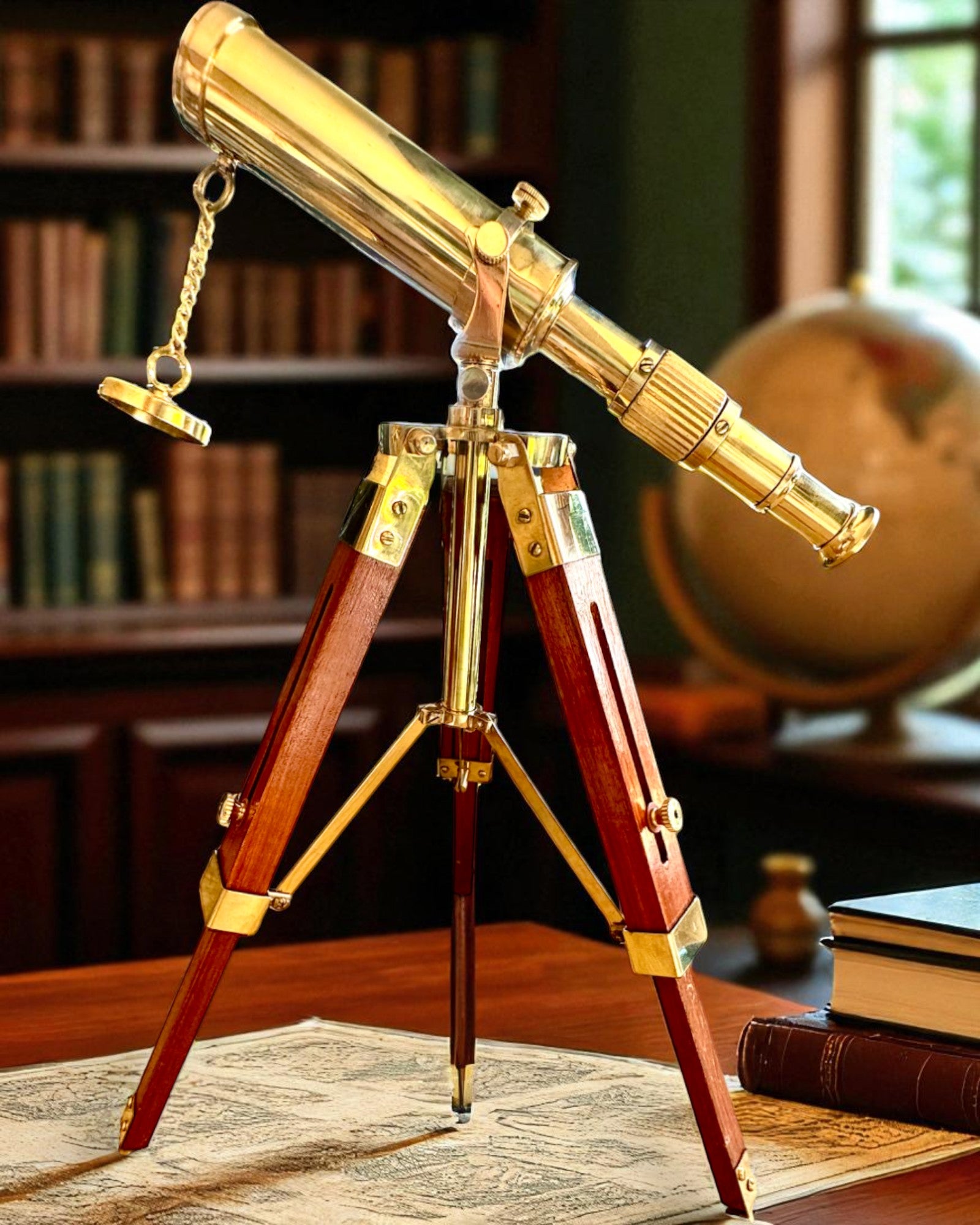 Telescópio Celestial em suporte de madeira 41 cm, possibilidade de personalização com gravação como presente