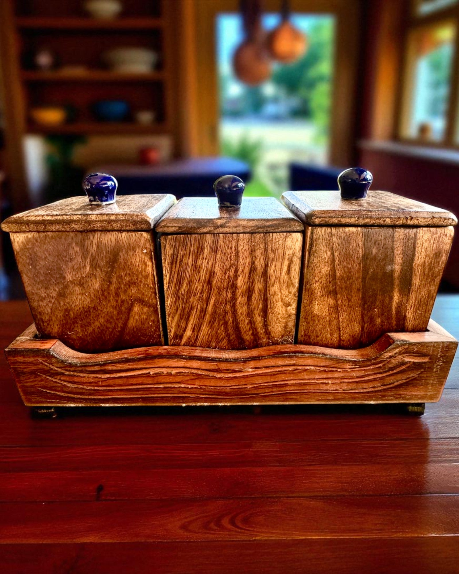 Conjunto Royal Trio – Chá, Café, Açúcar de madeira Shisham, feito à mão, com opção de gravação para presente