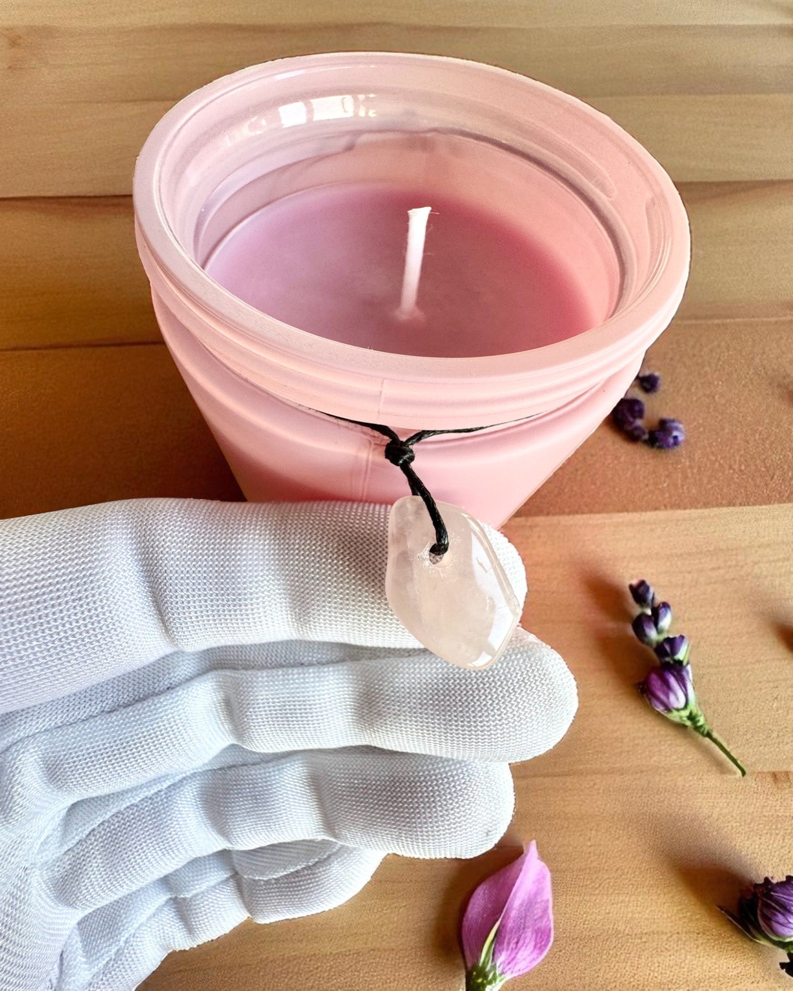 Vela de soja intencional Quartzo Rosa – amor, harmonia e tranquilidade do coração, 250 ml, possibilidade de personalização para presente