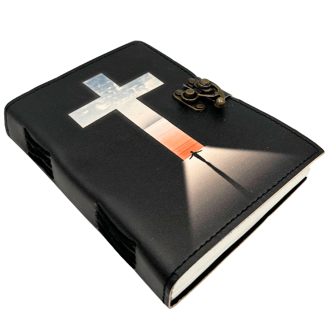 Caderno de Couro Cruz Religiosa Livro de Orações com Gravação