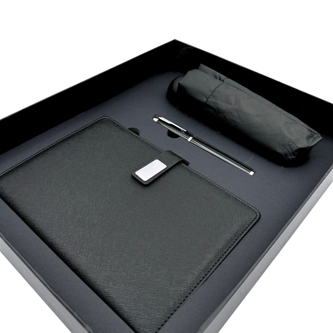 Conjunto Elegante para Presente com Personalização - Caderno de Pele A5, Caneta e Guarda-Chuva Preto em Caixa de Presente