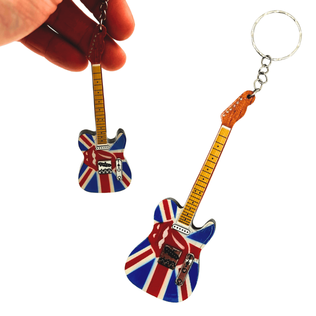 Brelok Gitara Drewniana The Rolling Stones z Grawerem - Personalizowany Prezent z Mahoń, Czerwony, 6x11 cm