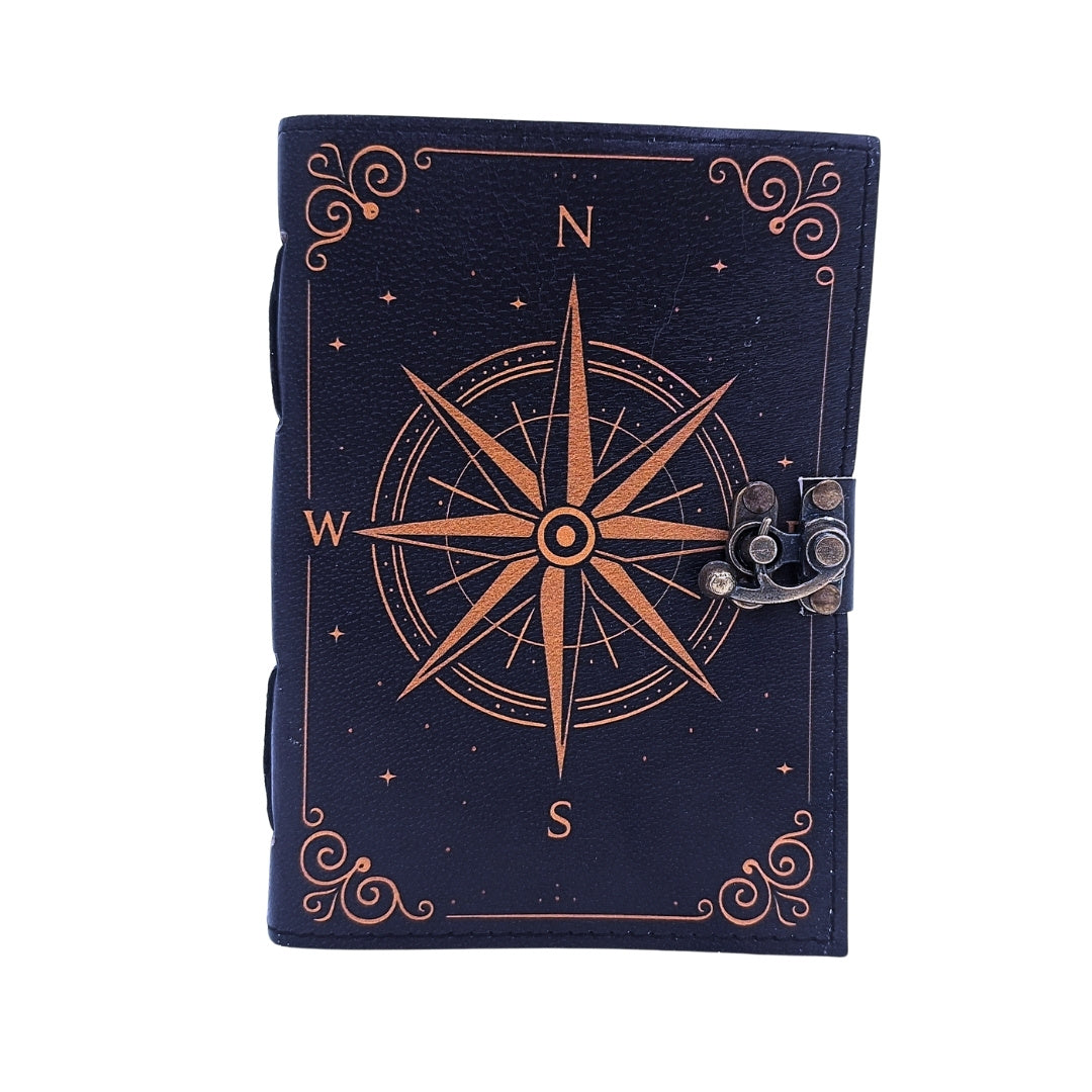 Caderno de pele Rosa dos Ventos retro preto e dourado com gravação personalizada
