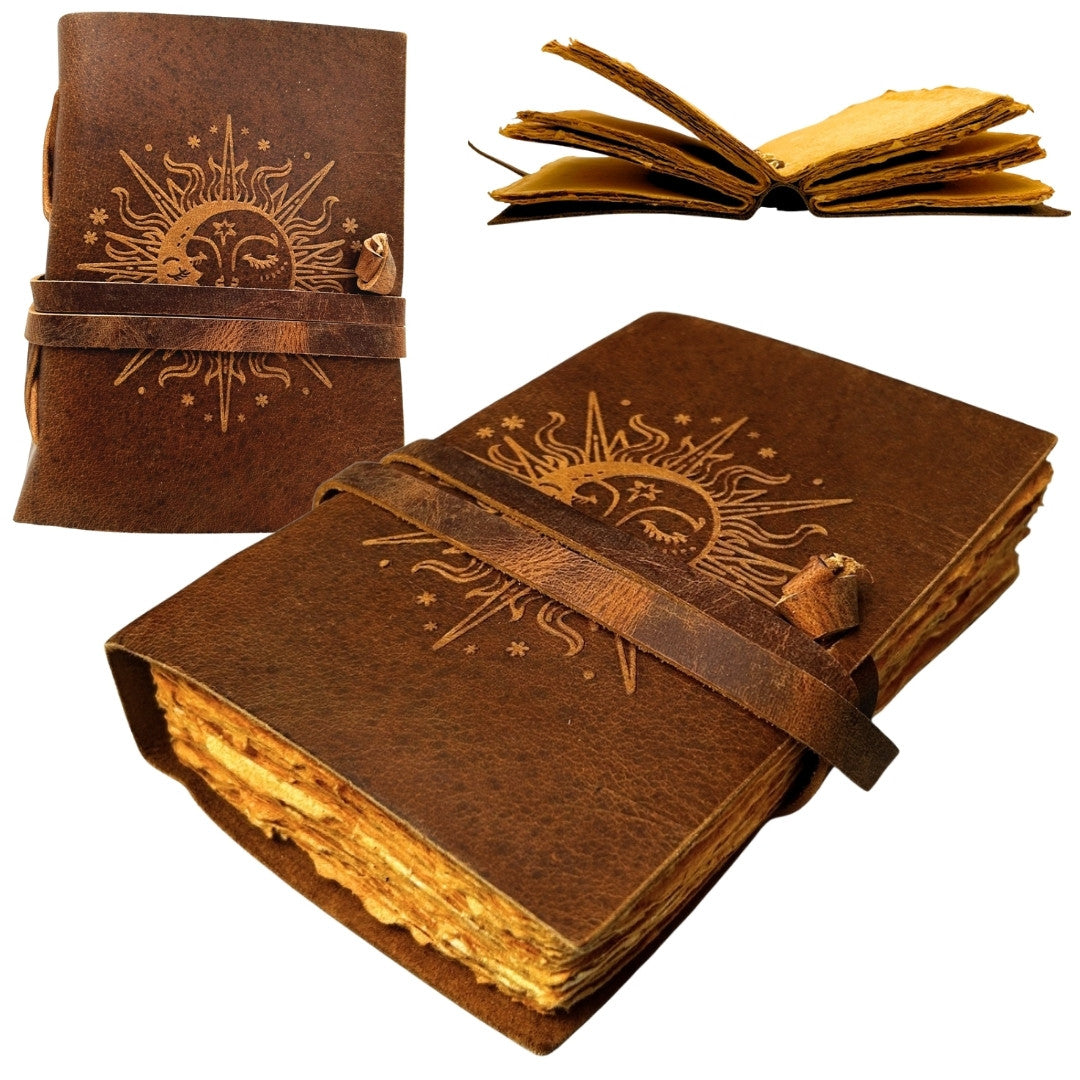 Caderno de Couro Vintage 200 páginas com Gravação - Sol e Lua - Couro Natural de Búfalo - Ideal para Presente - 18x13 cm - Diário Elegante com Papel 150 GSM