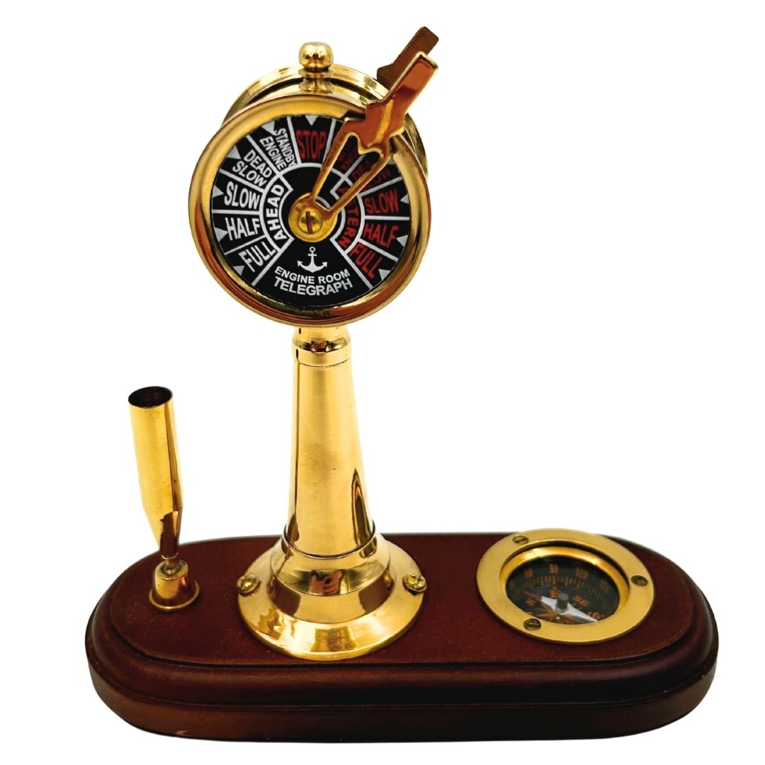 Conjunto Elegante para Secretária com Gravação – Telégrafo de Máquina, Bússola e Suporte para Caneta com Base de Madeira – Presente Ideal para Velejador, Gestor ou Amante do Estilo Retro – Latão e Madeira de Alta Qualidade, Dimensões 16,5 x 6 x 16,8 cm