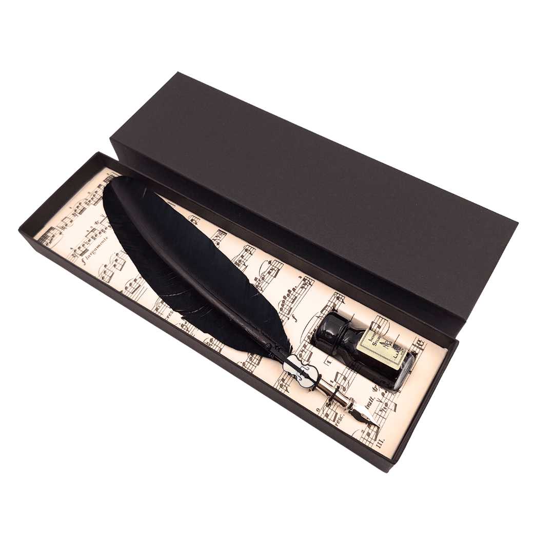 Conjunto elegante de caligrafia com caneta de ganso preta com pena, tinta e possibilidade de gravação personalizada