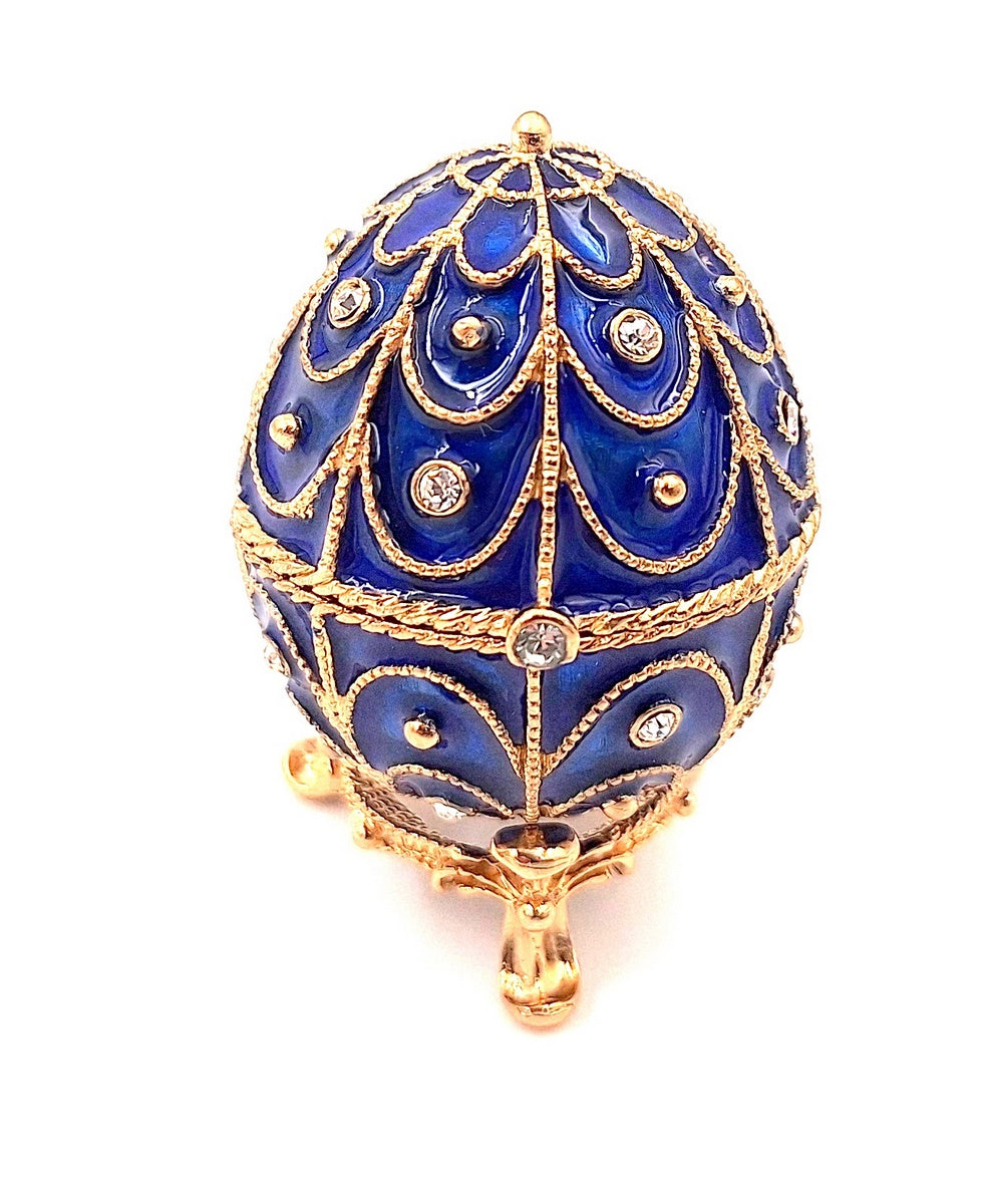 Caixa de metal exclusiva com cristais em forma de ovo Fabergé, azul-marinho e dourado, 5,5x6,5 cm com possibilidade de personalização por gravação