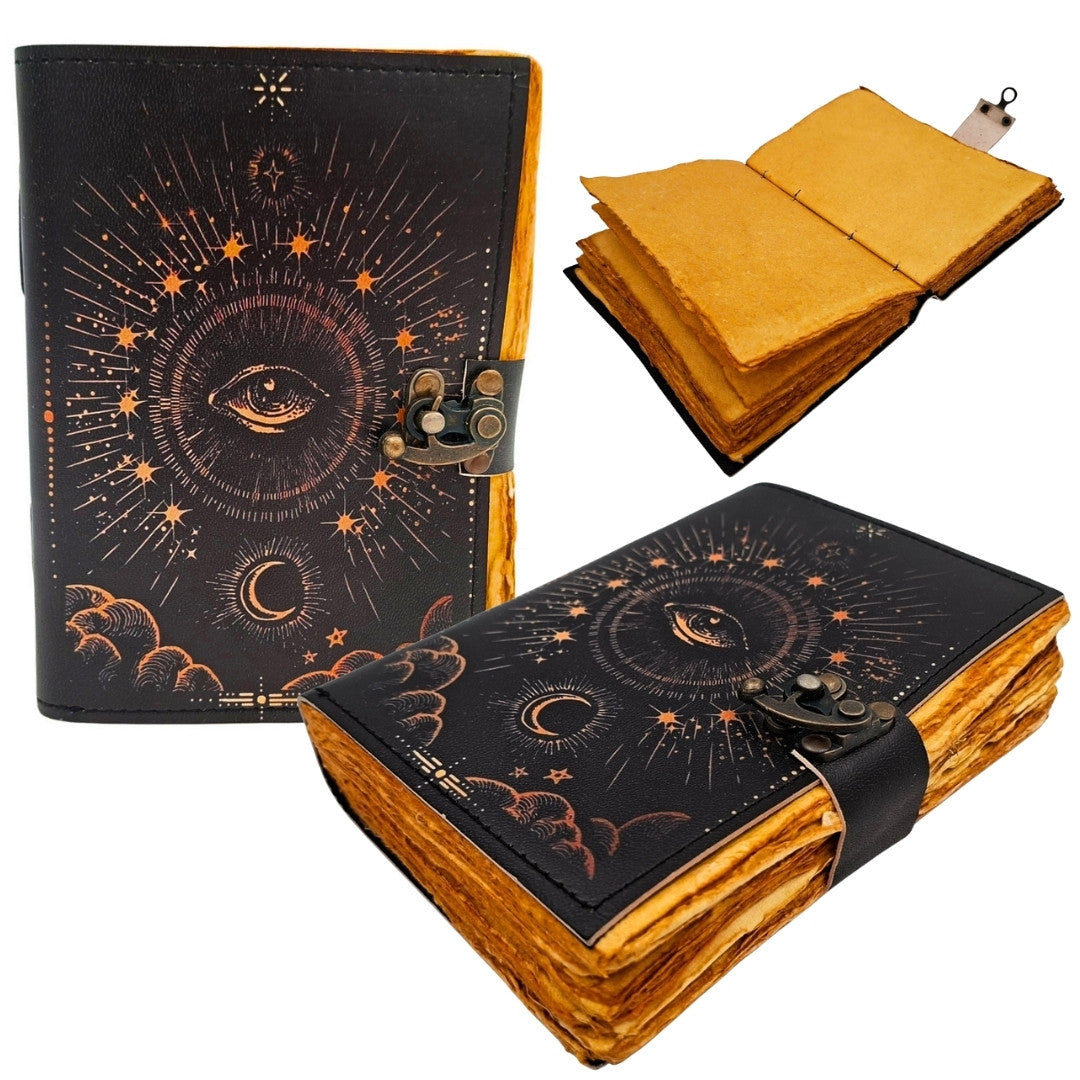 Caderno Olho Cósmico com Gravação - Caderno de Couro Retro com 200 Páginas de Papel Amarelo de Couro de Cabra