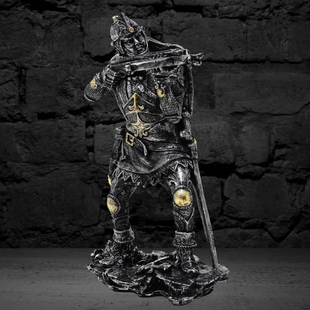 Figura de Cavaleiro Medieval com Besta 20cm com Possibilidade de Personalização por Gravação - Decoração Prateado-Dourada para Presente para Amantes de História e Fantasia - Pintada à Mão em Poliresina