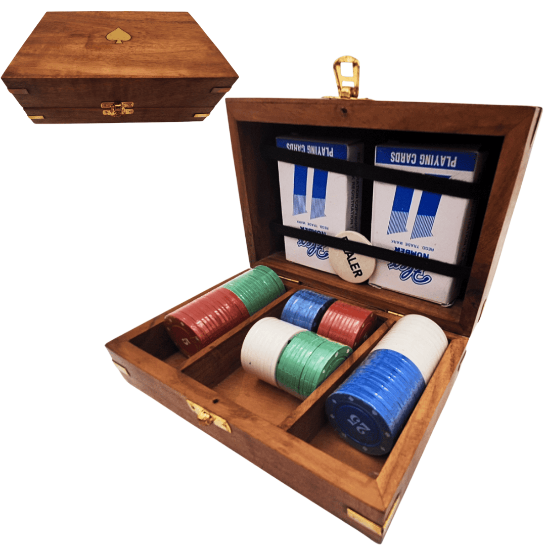 Conjunto Elegante de Poker em Caixa de Madeira com Gravação