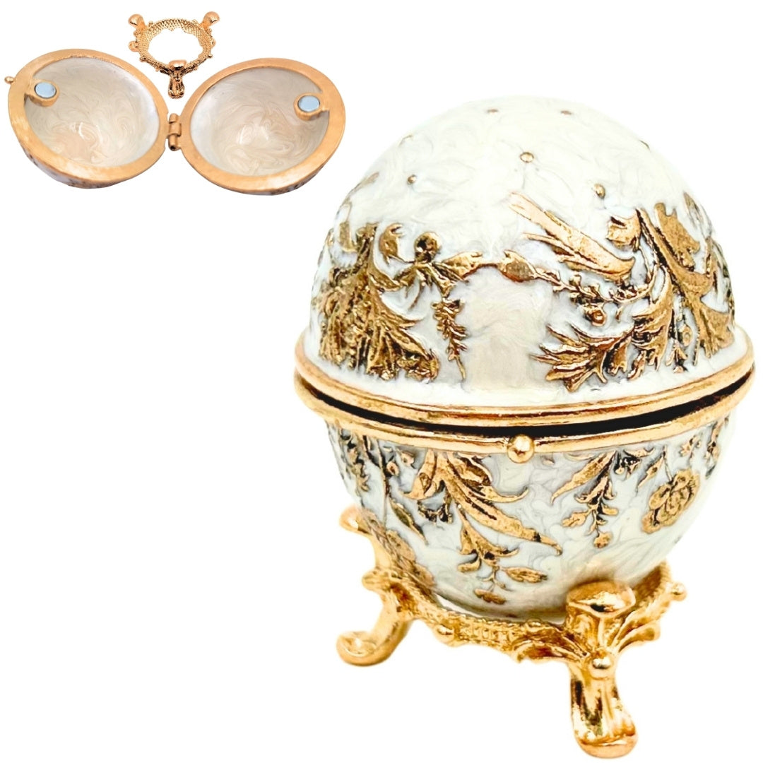 Caixa Exclusiva Ovo Fabergé Metálica com Cristais em Cor Branco-Dourado com Possibilidade de Personalização por Gravação
