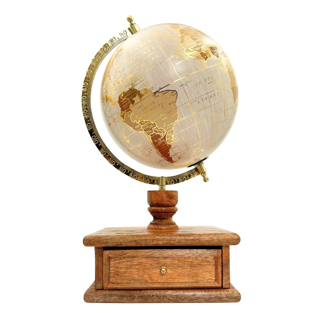 Globo de secretária vintage elegante com base de madeira e gaveta