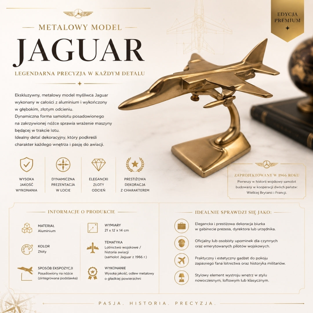 Modelo metálico de caça Jaguar em cor dourada com possibilidade de gravação
