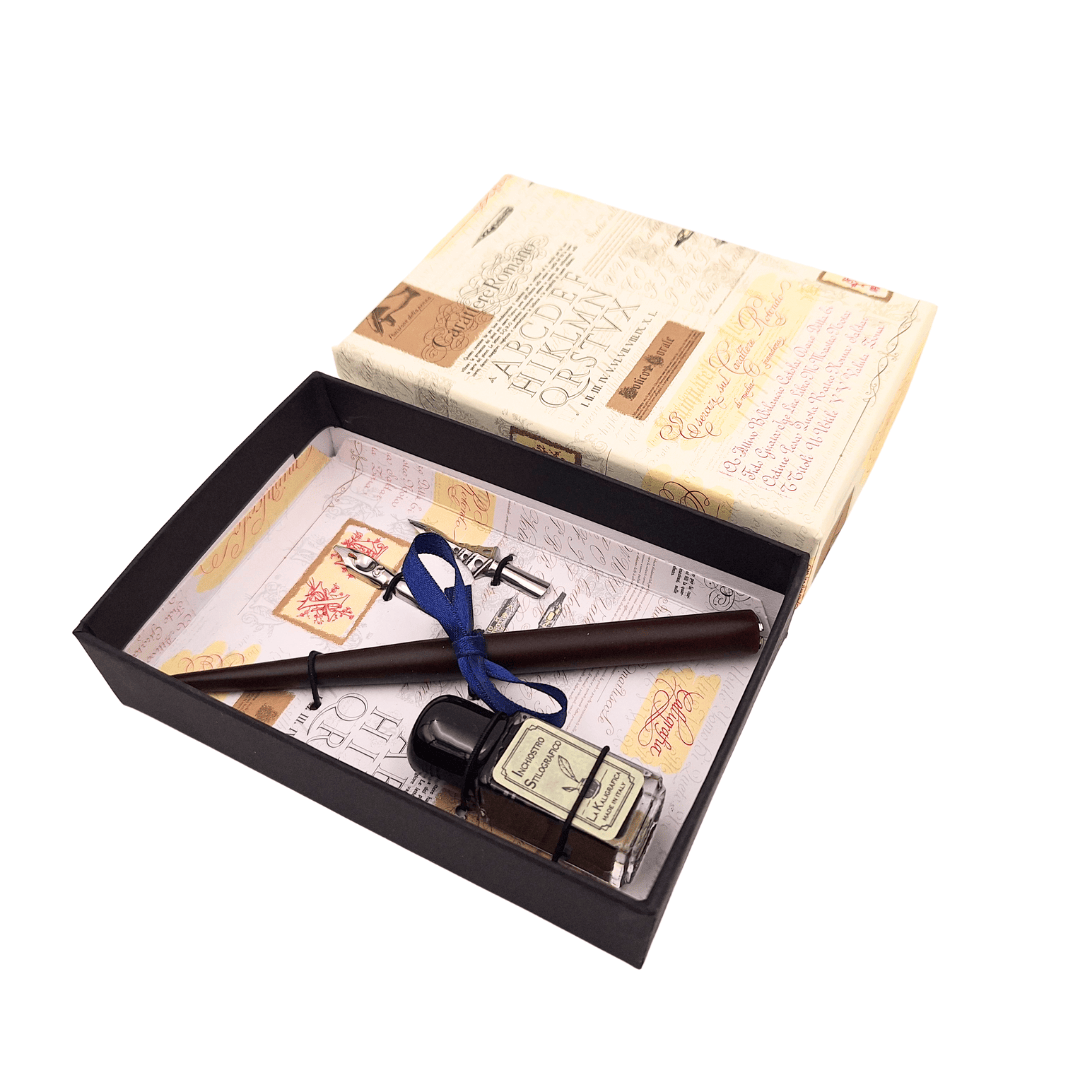 Conjunto de caligrafia com gravação personalizada - caneta italiana com duas penas e tinteiro, ideal para presente - embalagem elegante 12,5x8,5x3cm