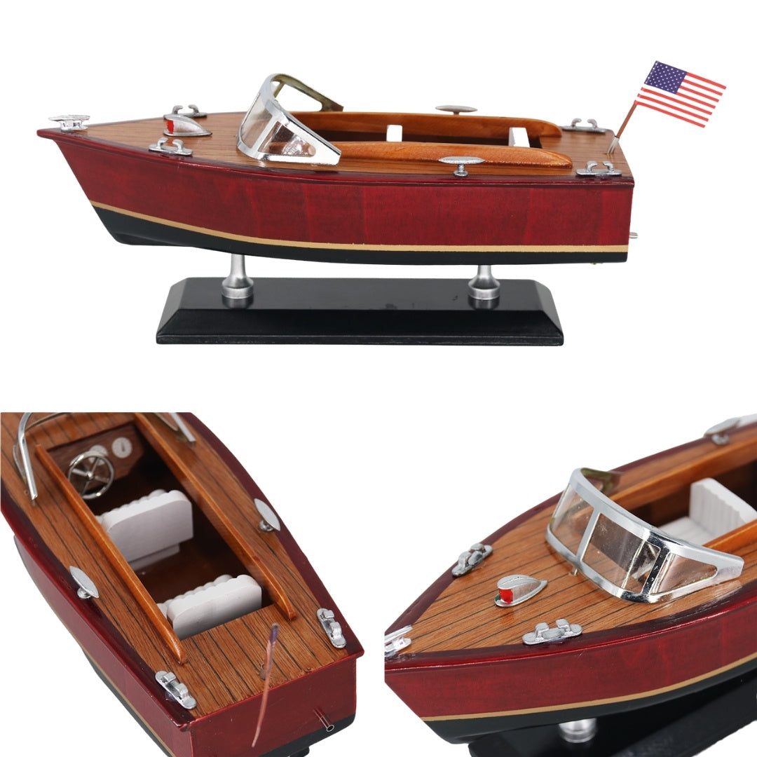 Modelo de Lancha de Madeira com Gravação – Barco Clássico de Motor 26 cm em Tons Profundos de Madeira