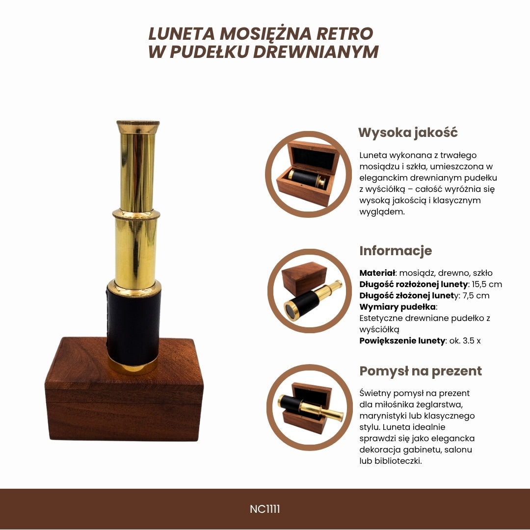 Luneta Retro de Latão com Gravação em Caixa de Madeira