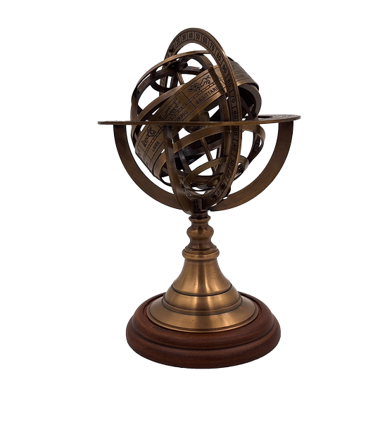 Astrolábio de latão de 21 cm com base de madeira - Presente personalizado para amantes da astronomia em cor dourada