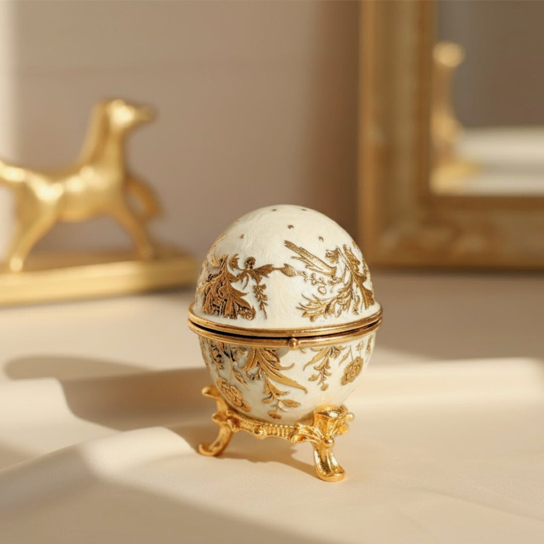 Caixa Exclusiva Ovo Fabergé Metálica com Cristais em Cor Branco-Dourado com Possibilidade de Personalização por Gravação