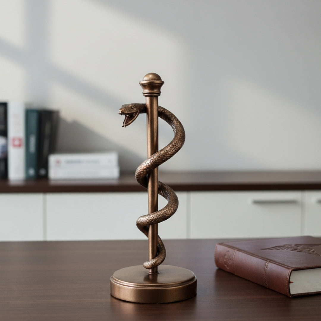 Estatueta Bastão de Asclépio 30 cm em Resina - Presente Personalizado para Médico, Enfermeiro ou Farmacêutico - Decoração em Bronze/Latão com Gravação
