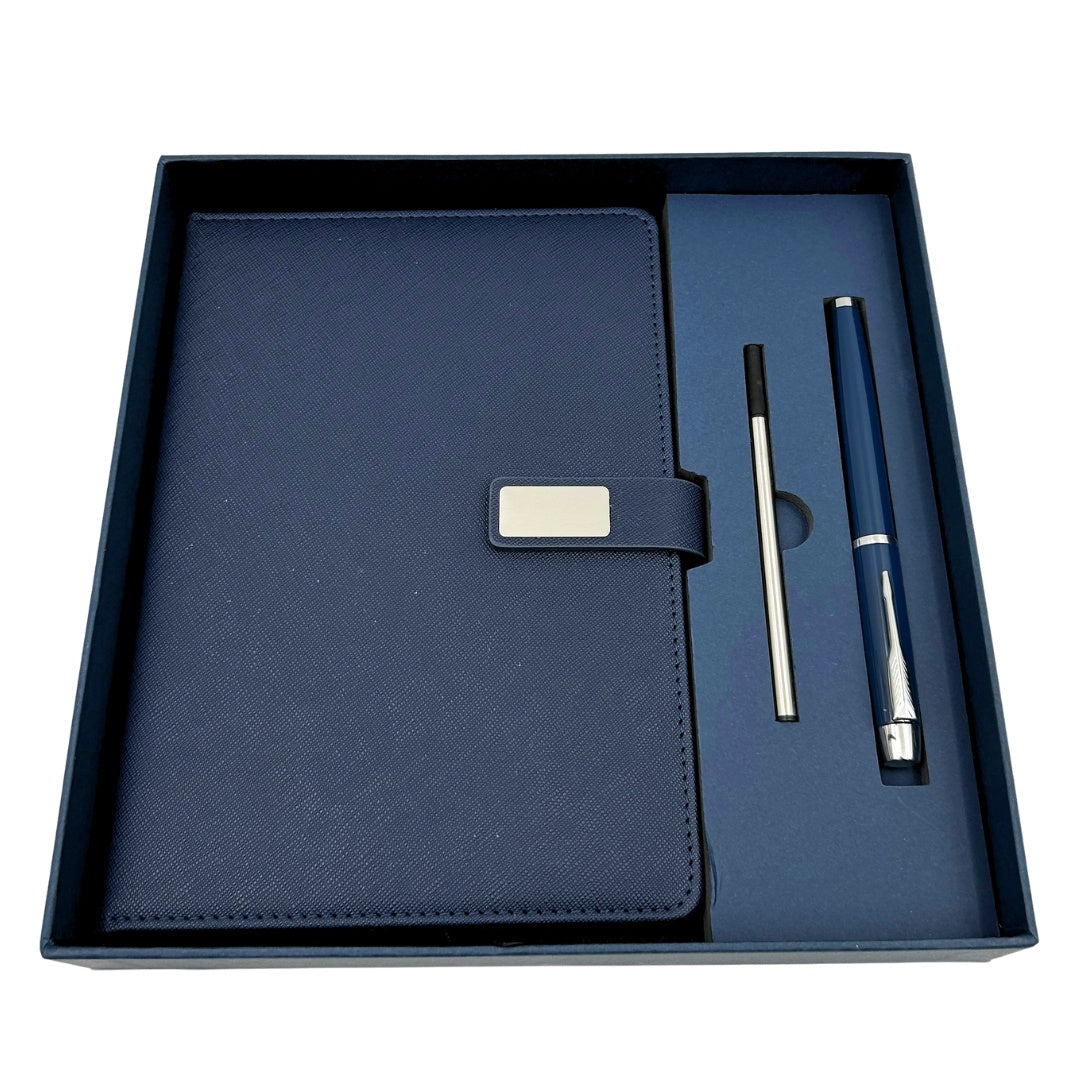 Caderno de Pele Azul Escuro Elegante A5 com Caneta e Gravação Personalizada em Caixa de Presente