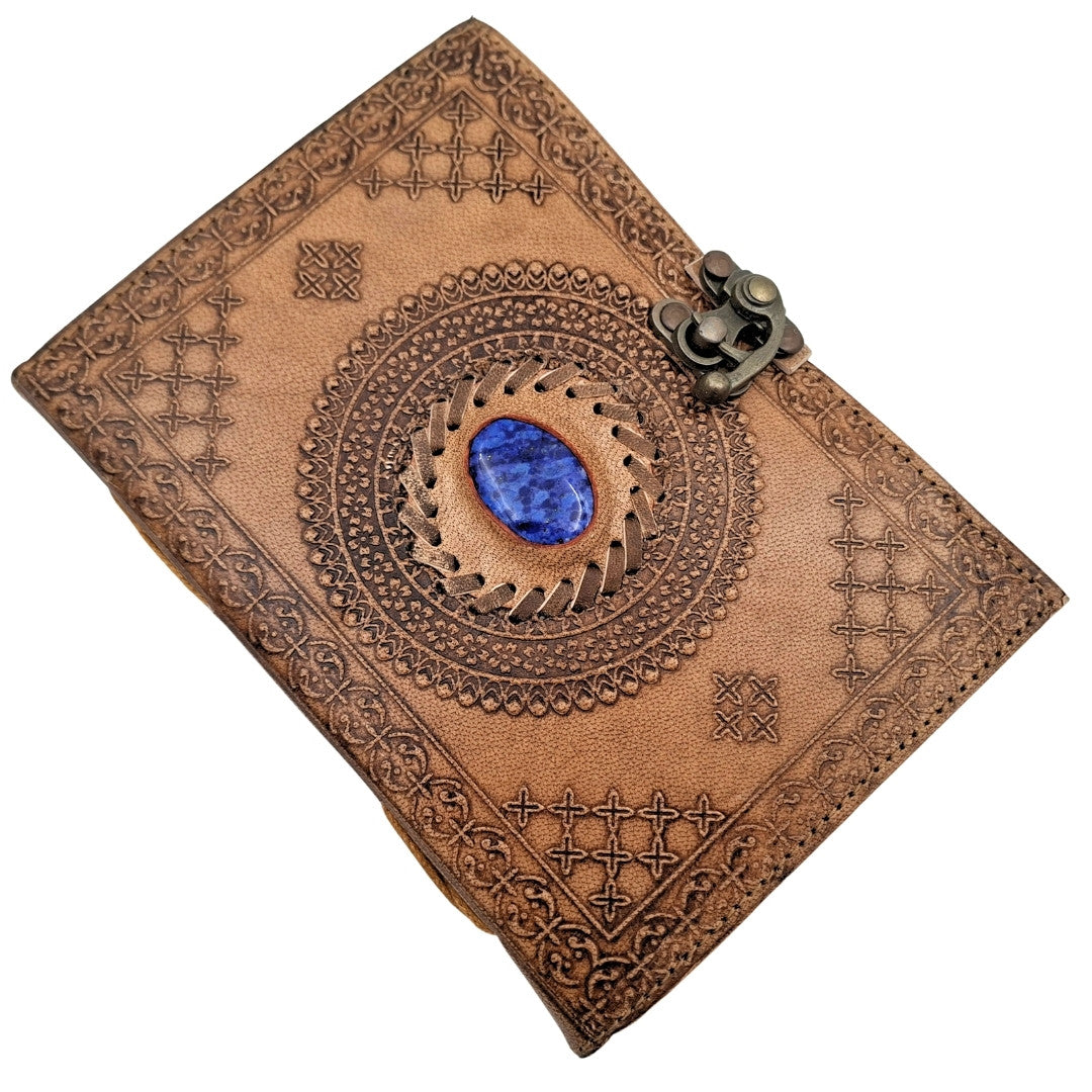 Caderno de Couro Retro com Pedra - Caderno Personalizado com Gravação - Couro de Búfalo, Castanho, 18x13 cm