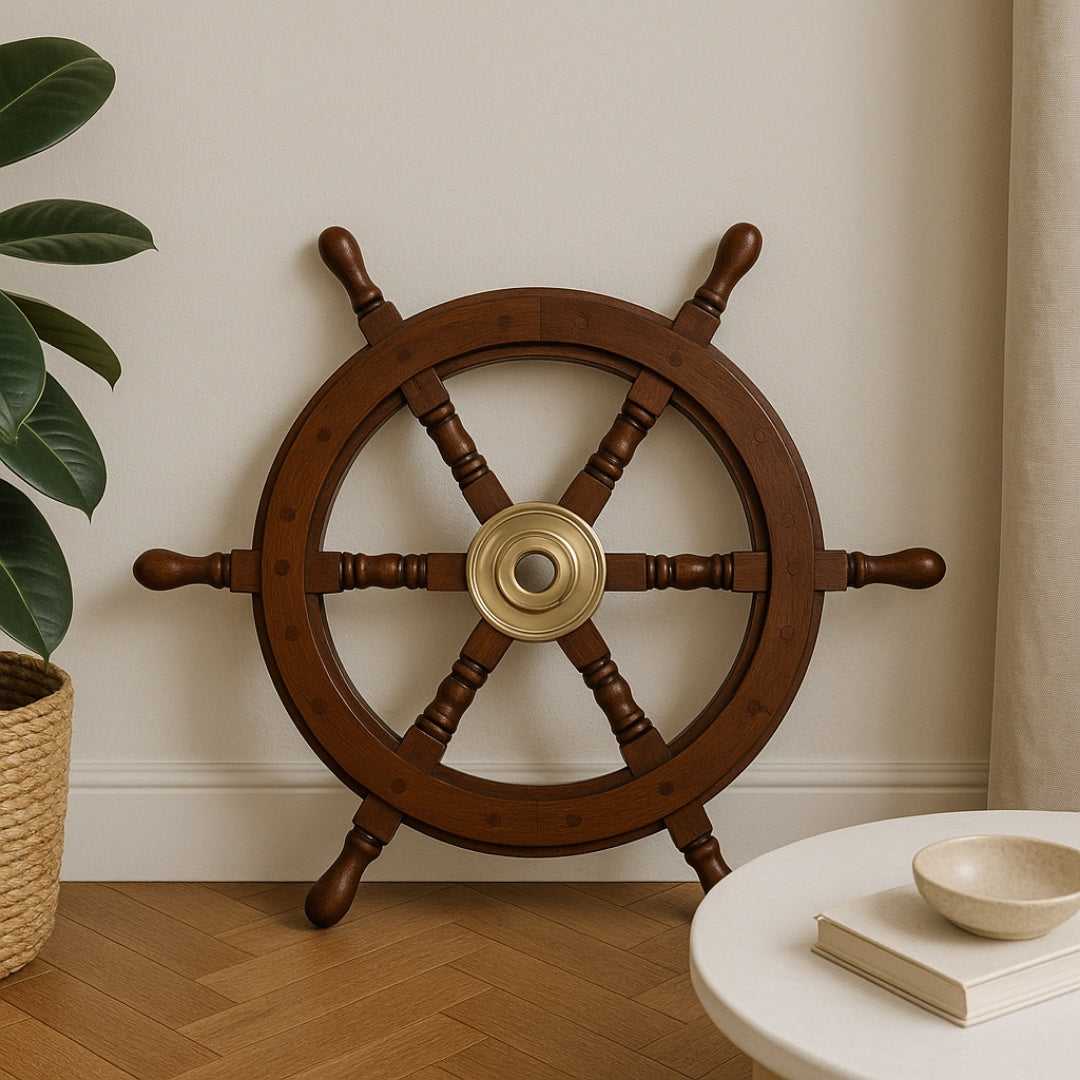 Roda de leme de madeira 45 cm com centro em latão - Gravação personalizada - Decoração retro marinheira para presente de velejador ou amante do mar