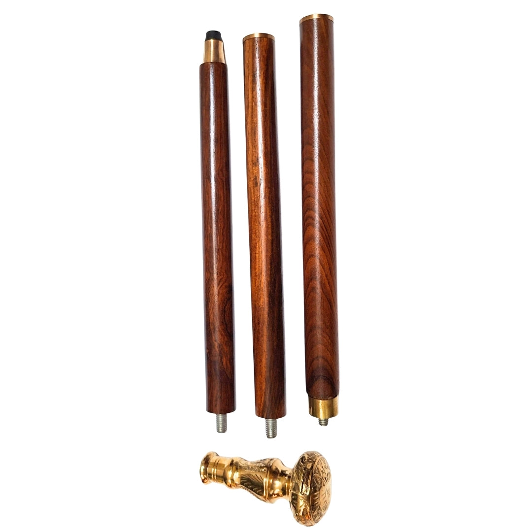 Bengala dobrável elegante com cabo de latão - bengala de madeira castanha com possibilidade de gravação - presente ideal para sénior com estilo retro - comprimento máximo 96 cm