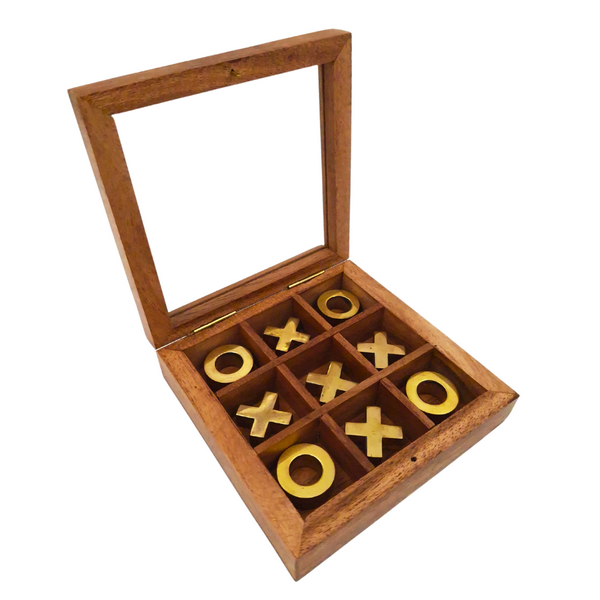 Jogo Elegante de Jogo da Velha em Caixa com Tampa de Vidro com Possibilidade de Personalização por Gravação - Conjunto Luxuoso de Madeira e Latão, Ideal para Presentear Professores e Diretores - Dimensões 12,5 x 12,5 x 2,5 cm