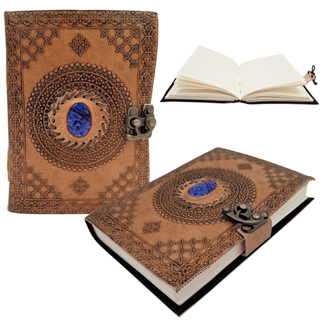 Caderno de Couro Retro com Pedra - Caderno Personalizado com Gravação - Couro de Búfalo, Castanho, 18x13 cm