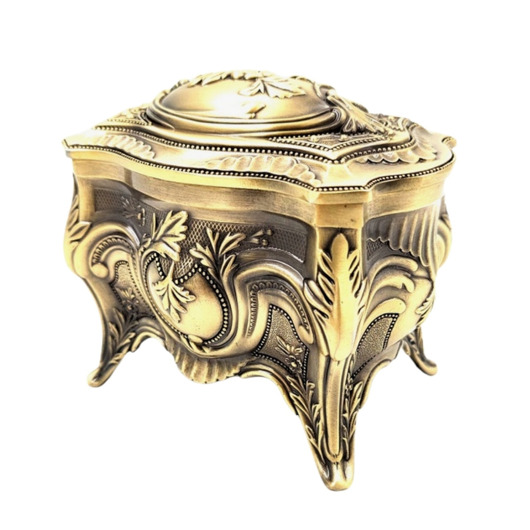 Caixa Metálica Dourada para Joias Retro com Possibilidade de Personalização por Gravação - Elegante e Ricamente Decorada, Ideal para Presente - Dimensões: 10,8 x 7,7 x 9,2 cm, Maciça e Imponente, Excelente para Guardar Objetos Valiosos