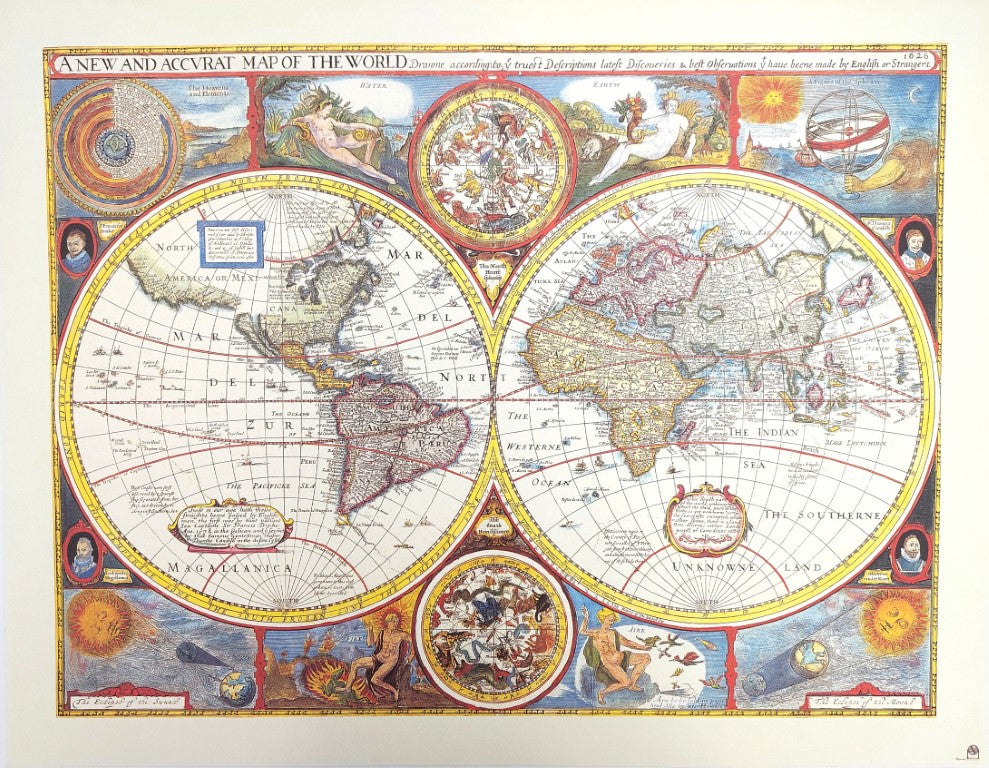Mapa-múndi Retro com Gravação - Decoração Personalizada para Presente - Reimpressão de John Speed de 1651 - Dimensões 52 x 39 cm - Gráfico Colorido e Detalhado