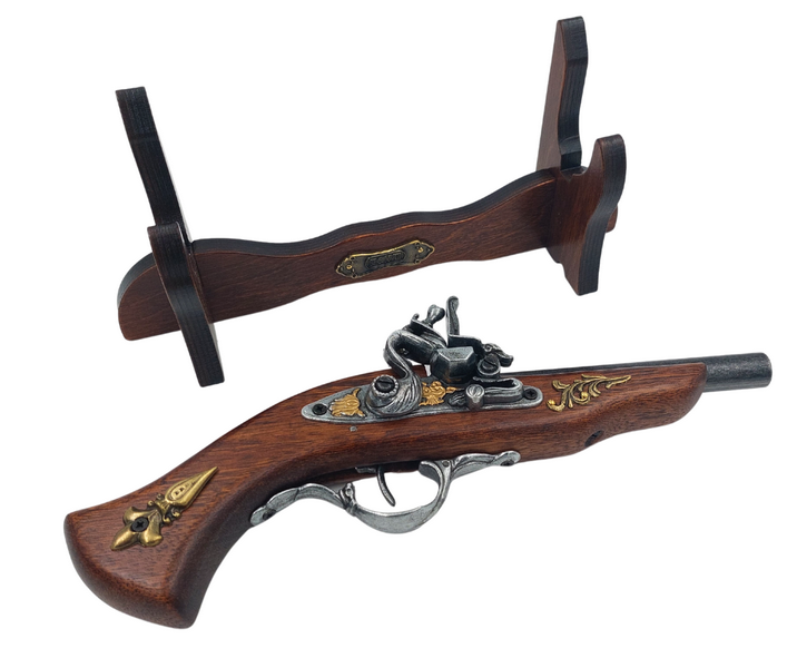 Réplica de Pistola Italiana do Século XVII em Suporte com Possibilidade de Personalização por Gravação - Elemento Decorativo Elegante para Presente, Feito de Madeira e Metal Polido, Comprimento 30 cm