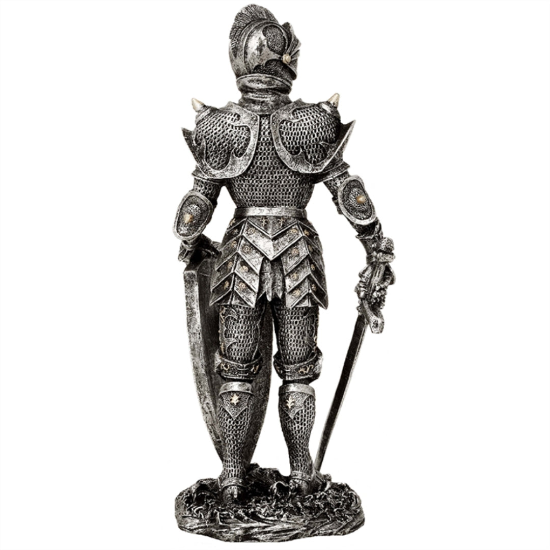 Figura Decorativa Cavaleiro em Armadura Prateada 30 cm com Possibilidade de Gravação Personalizada - Presente Elegante para Amantes de História e Fantasia, Pintada à Mão em Poliresina