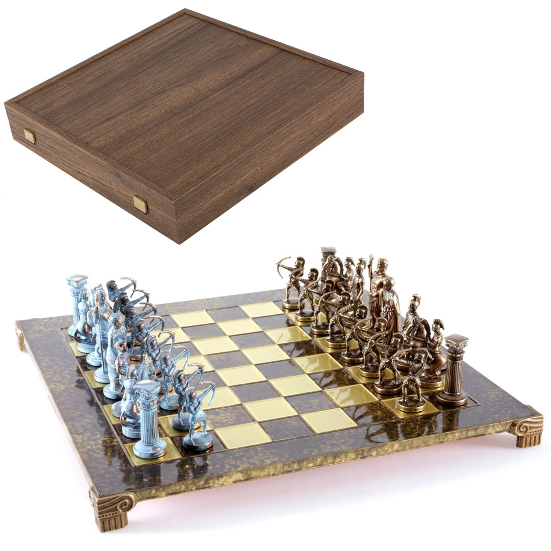 Xadrez em latão Arqueiros 44x44 cm com possibilidade de personalização por gravação - Presente de luxo para amantes de mitologia e estratégia, peças feitas à mão de alta qualidade