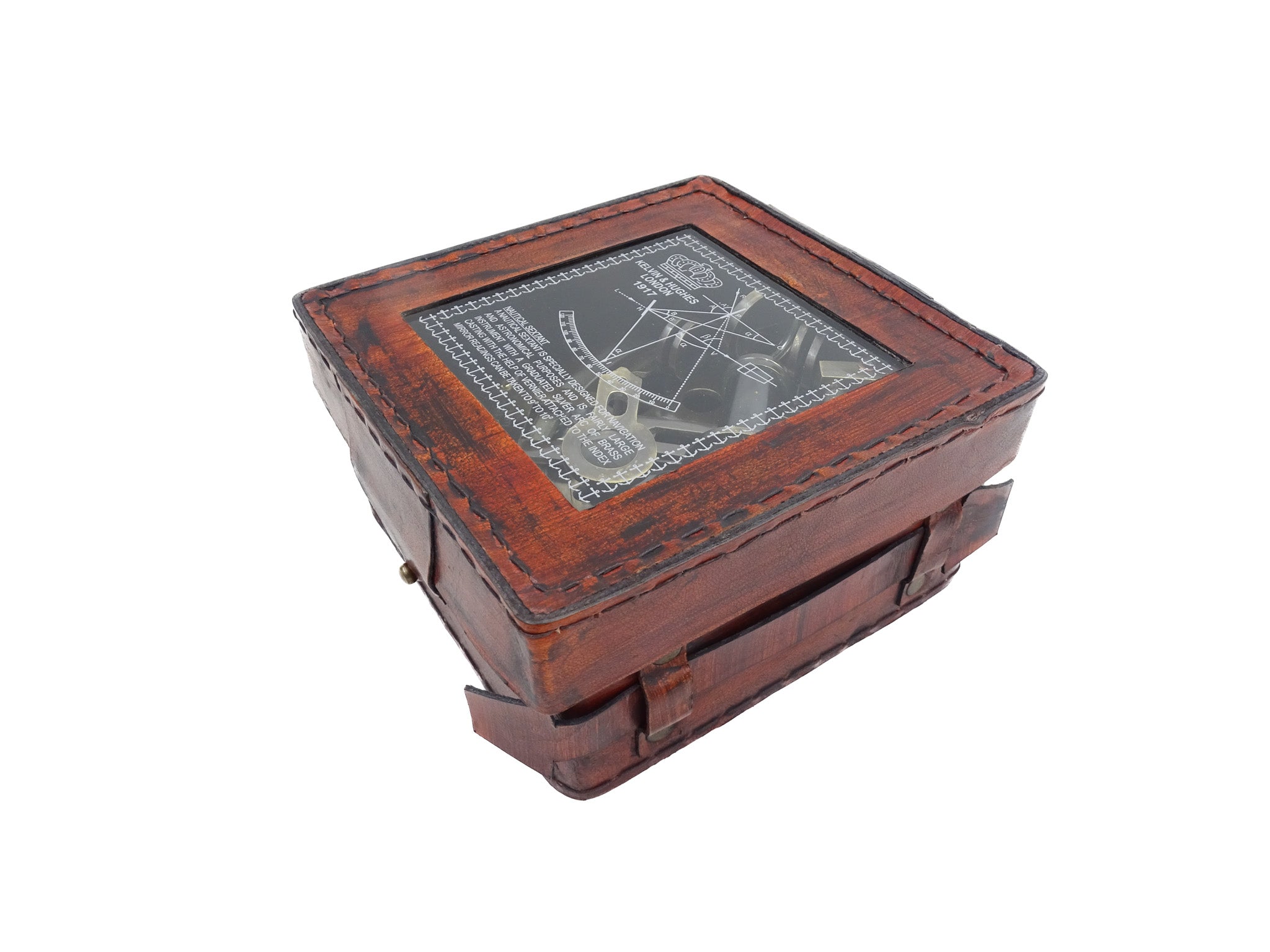 Sextante de Latão com Gravação em Estojo de Couro - Réplica de 1917, Ideal para Presente para Marinheiros e Astrónomos, Dimensões 13x12x6 cm, Antigo, Material: Latão e Vidro