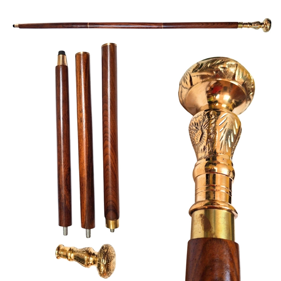 Bengala dobrável elegante com cabo de latão - bengala de madeira castanha com possibilidade de gravação - presente ideal para sénior com estilo retro - comprimento máximo 96 cm