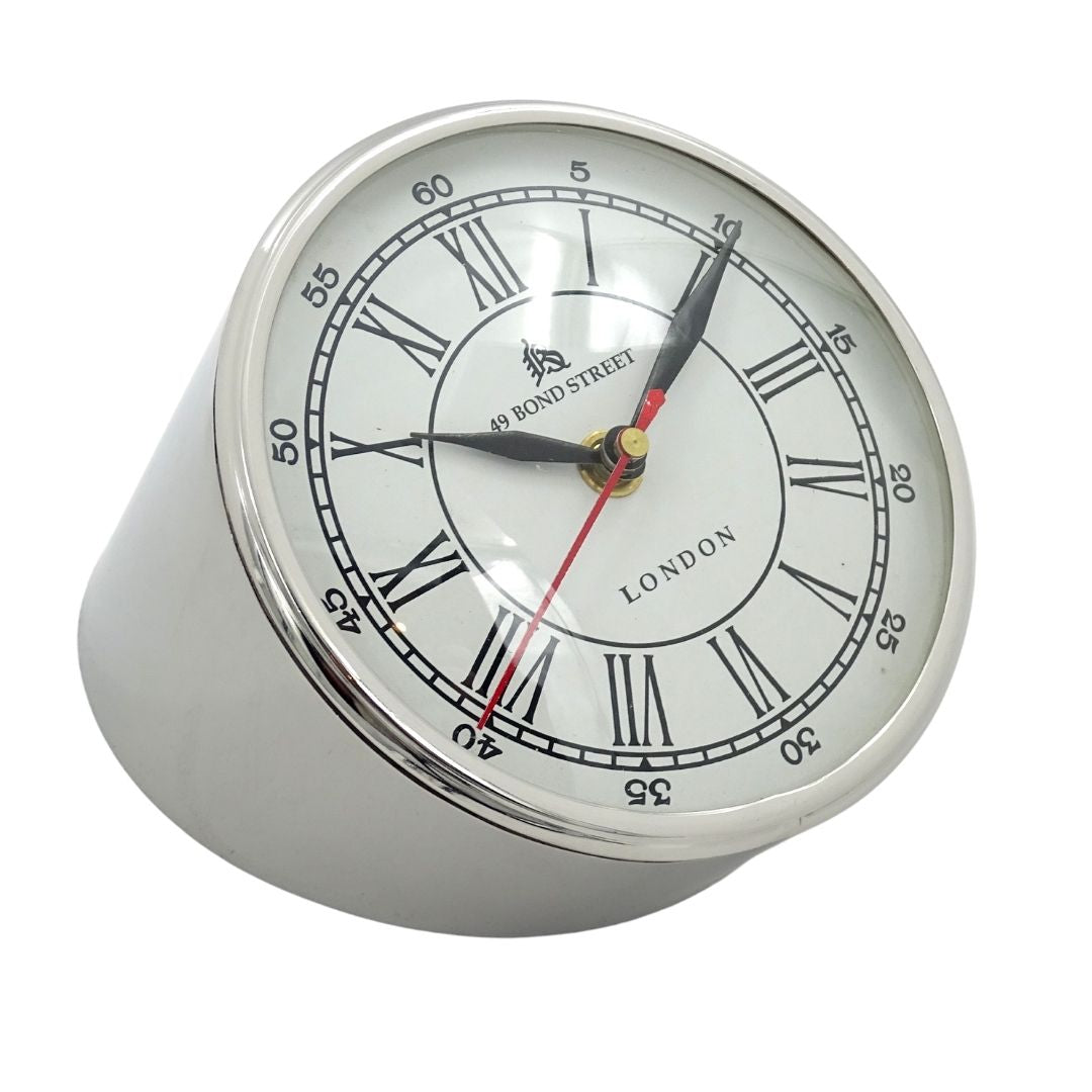 Relógio de Mesa Metálico CLK-0212 com Gravação - Presente Personalizado nas Cores Prateado, Branco ou Preto, Altura 19 cm, Estilo Moderno com Algarismos Romanos e Árabes