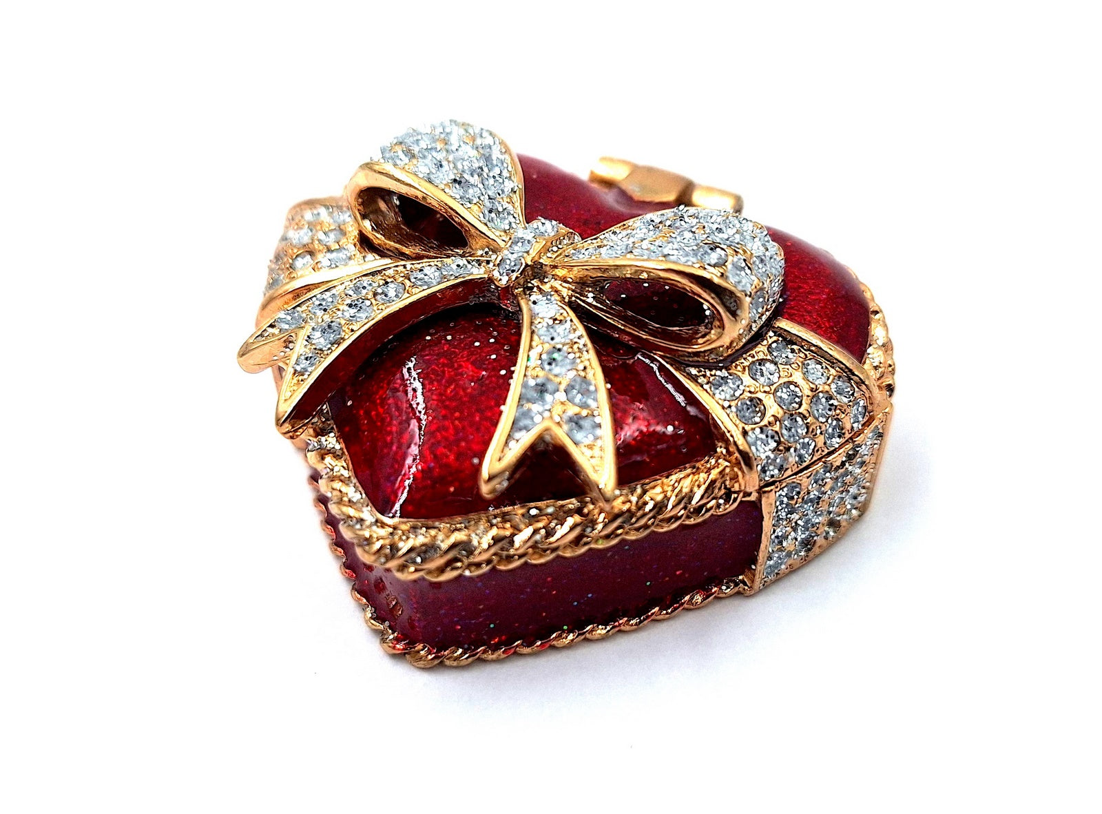 Caixa de metal para joias em forma de coração com cristais, vermelho, dourado e prateado, possibilidade de personalização por gravação, ideal para presente romântico, dimensões 4,8 x 4 x 2,5 cm
