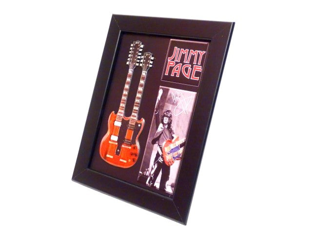 Mini guitarra double neck estilo Jimmy Page FMG-011 com possibilidade de personalização por gravação, ideal para presente - moldura de madeira 1,3 cm x 16 cm x 21,4 cm, estrutura em aço