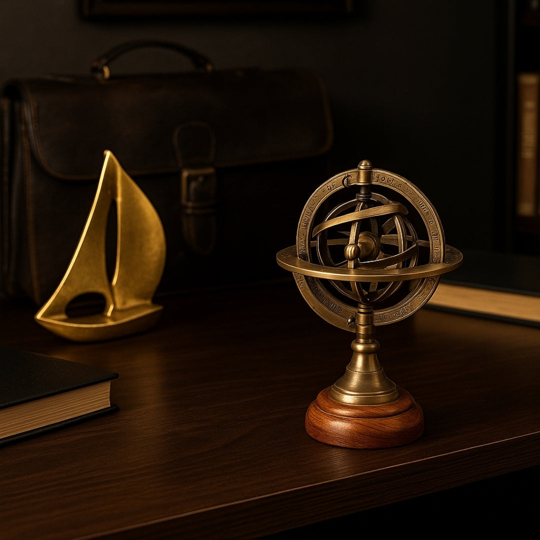 Astrolábio de Latão 14 cm com Gravação - Presente Único para Amantes da Astronomia, Decoração Elegante de Latão e Madeira em Cor Dourada